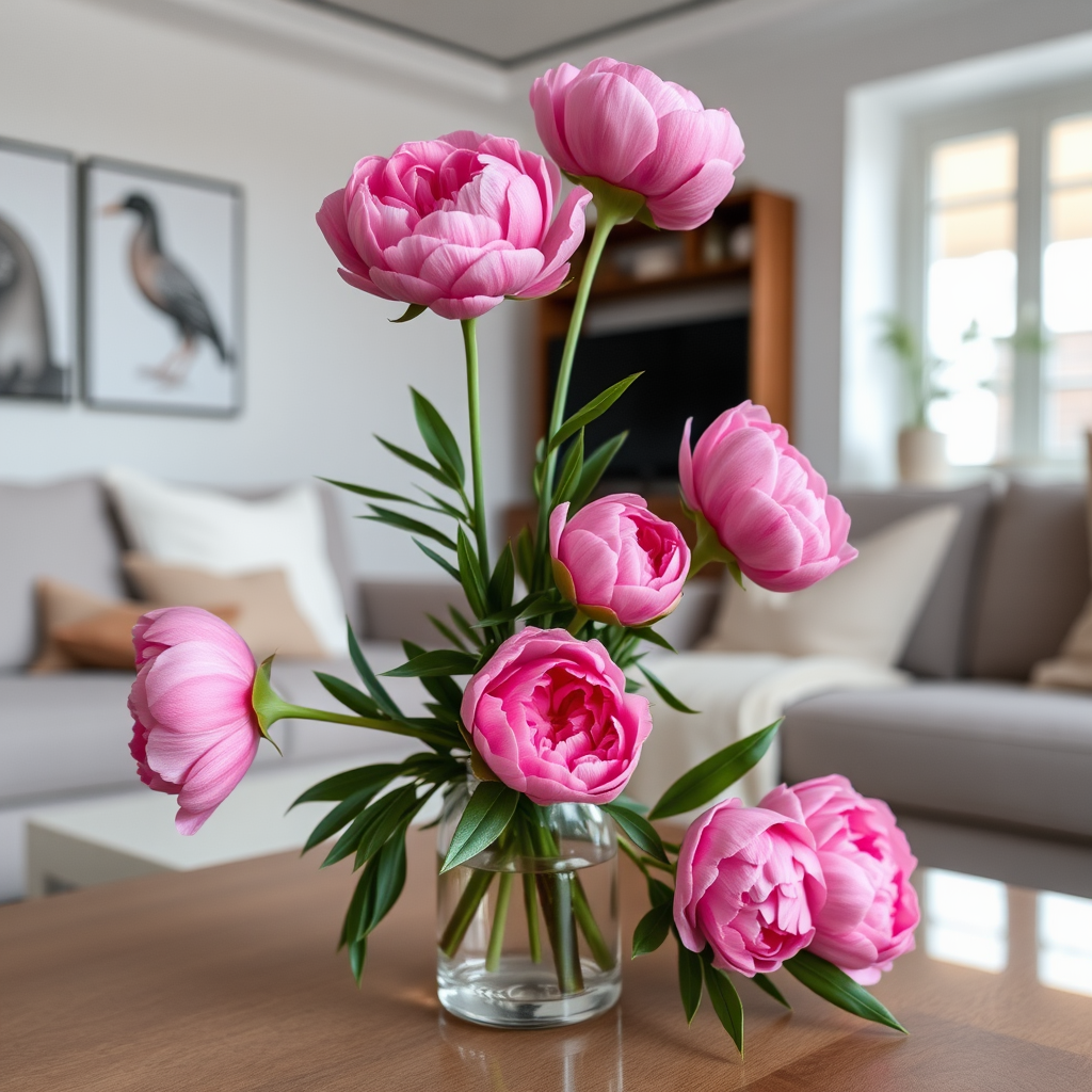 obraz generowany we flux - pink peonies in glass vase