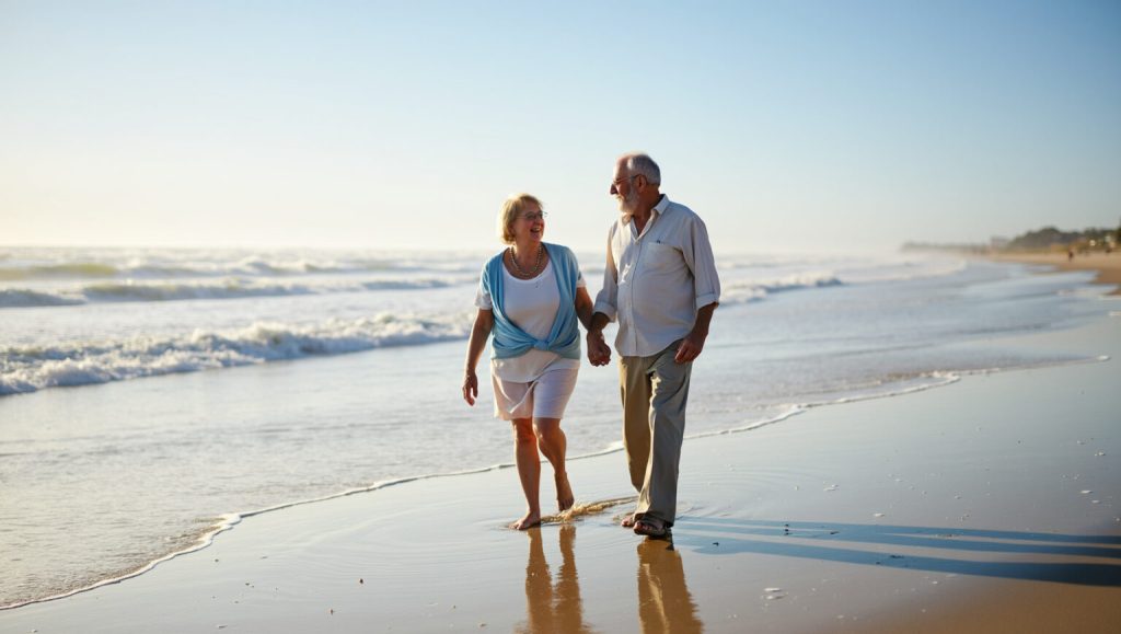 obraz generowany we flux - photograph of an elderly couple walking hand in hand on the beach