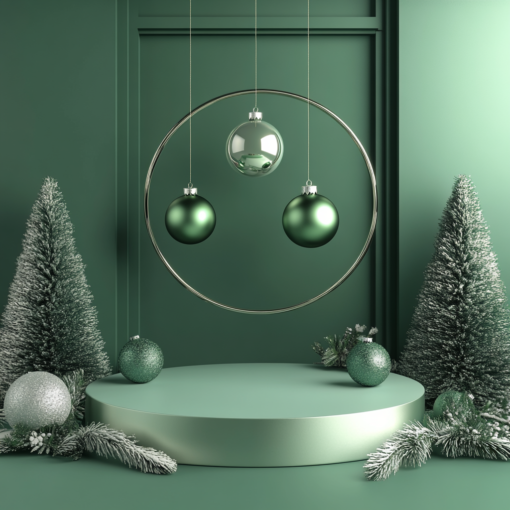 Prompt: Green luxury Christmas podium. Empty platform with Christmas decoration for product presentation. 3D Rendering, 3D Illustration