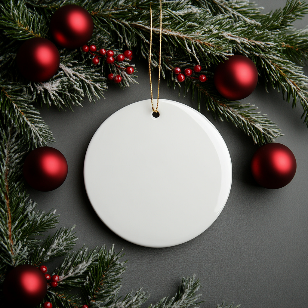 Prompt: Mock up featuring a flat, circular porcelain ornament in solid white, with a sleek, glossy finish. The ornament should have a delicate gold string for hanging. Ornament surrounded with Christmas red balls and pine branches, arranged in wreath. Soft, natural lighting should be used to highlight the smoothness of the porcelain and the details of the ornaments. --ar 3:4 --style raw