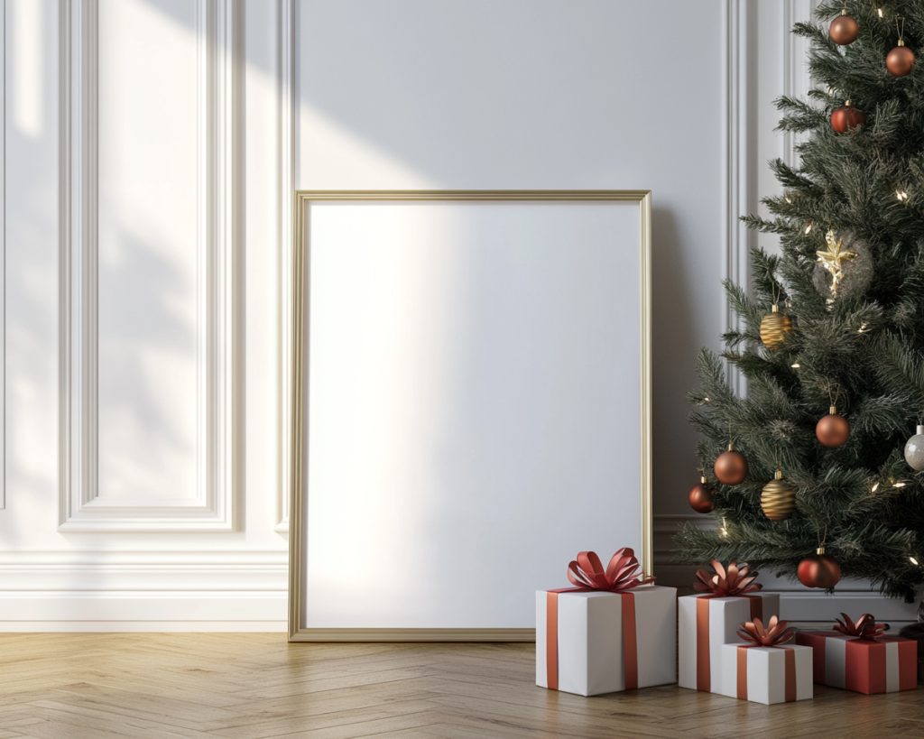 Prompt: Frame mock up, standing on the floor in an elegant room with Christmas decorations. Next to it a decorated Christmas tree and gift boxes, natural sunlight, realistic, high-resolution photography ---ar 64:51