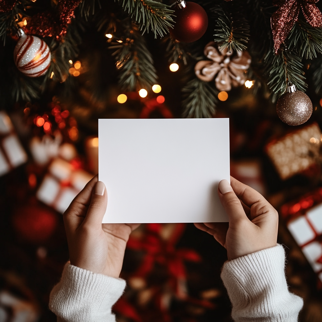 Prompt: A beautiful Christmas mock up of someone holding a A4 size piece of paper, festive Christmas background that features subtle Christmas decorations, such as a decorated Christmas tree, holiday garlands, and a few gift boxes, enhancing the festive feel.