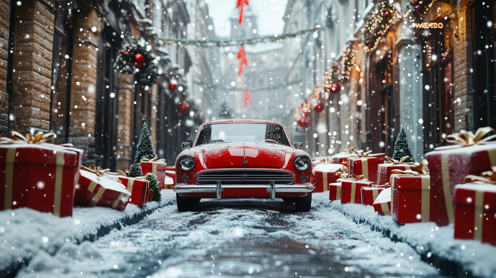 Prompt: Christmas car in the city, a lot of gift boxes lying on both sides of the road, a snowy day, photo-realistic, in the style of Canon EOS R5 --ar 16:9