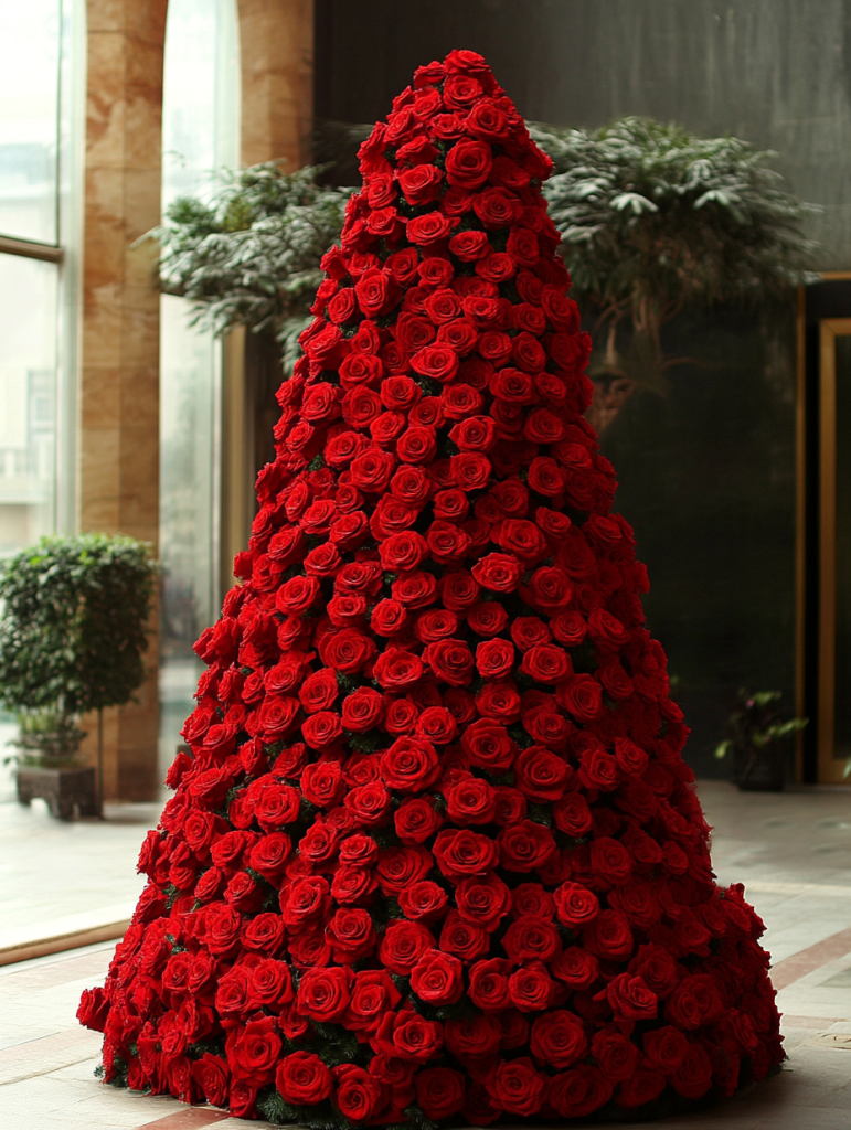 Prompt: Beautiful christmas tree that is made out of red roses. --ar 16:9