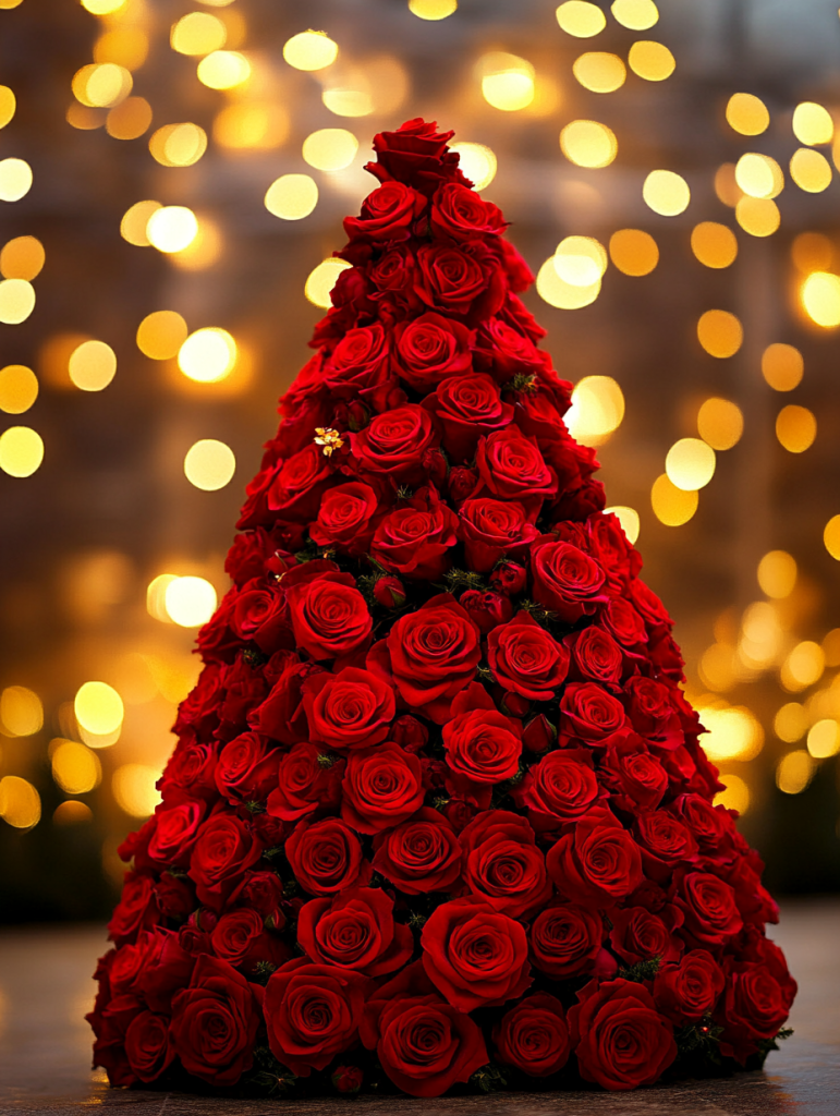 Prompt: Beautiful christmas tree that is made out of red roses, christmas light in background, magical --ar 3:4 --v 6.1