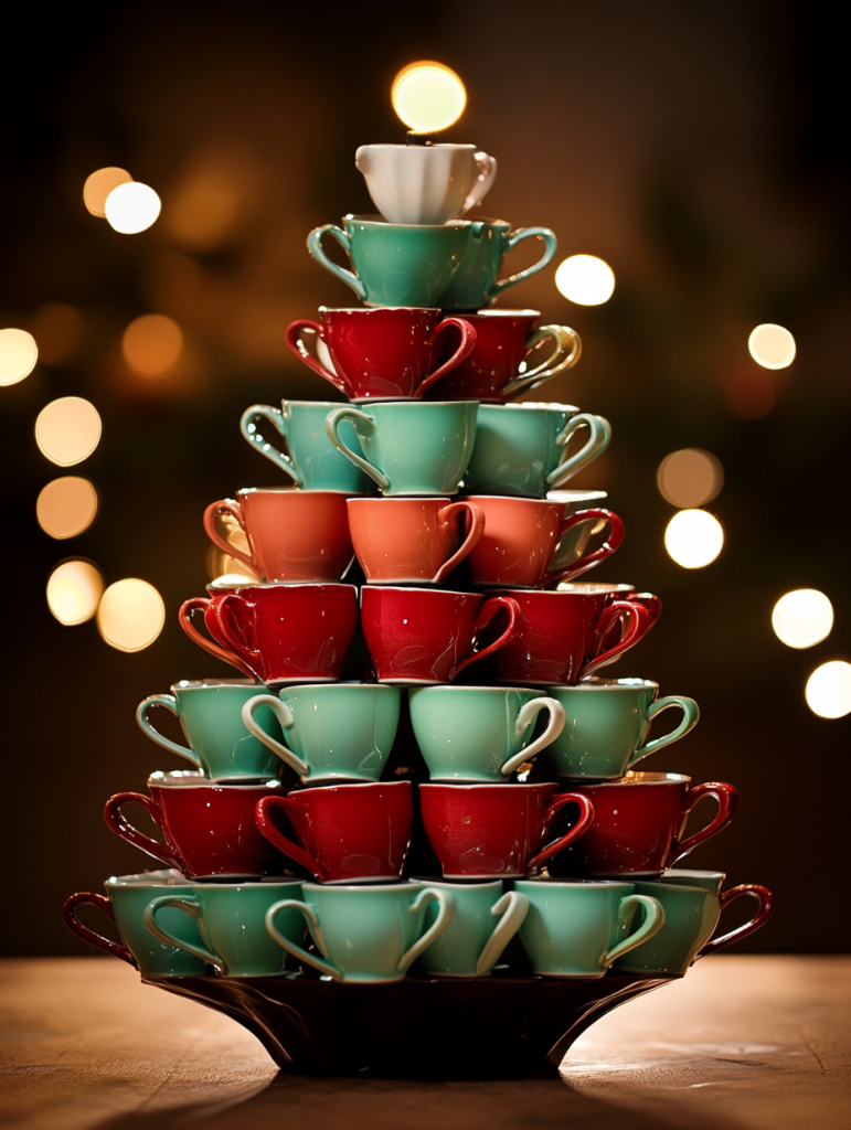 Prompt: Christmas tree made out of red and green porcelain tea cups, tree is in centre of photo, christmas light in background, professional product photography --ar 58:77