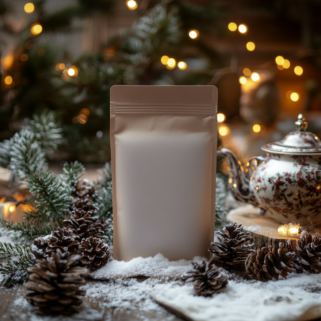 Prompt: A blank stand-up pouch surrounded by pine cones and snow, an elegant tea set, with Christmas lights in the background, product photography shot, studio lighting, --ar 3:4