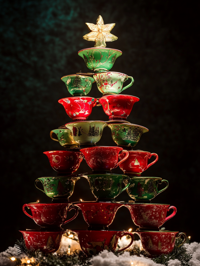 Prompt: Christmas tree made out of red and green porcelain tea cups, christmas light in background, magical --ar 3:4 --v 6.1