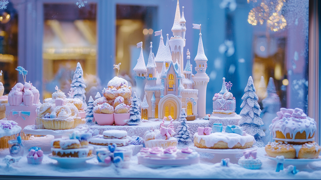 Prompt: Bakery window display with christmas decorations, disney city style, pastel colours --ar 16:9 --style raw --v 6.1