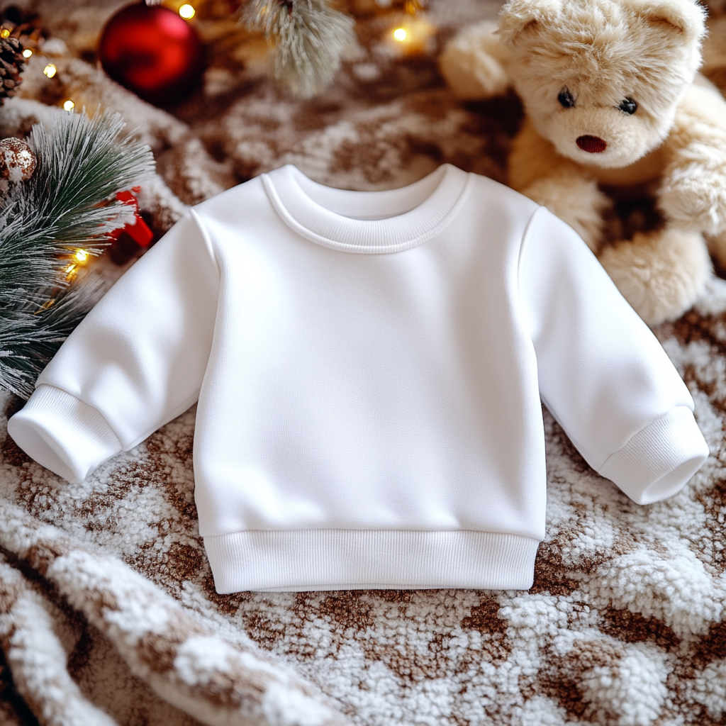 Prompt: Cute mock up of white round-neck baby sweatshirt with a flat collar, made of high-quality fabric, with a simple design style, photographed from a flat angle, on christmas themed blanket, in a warm and cozy color scheme, with a small teddy bear decoration in the background, high-resolution product photography, detailed and realistic.