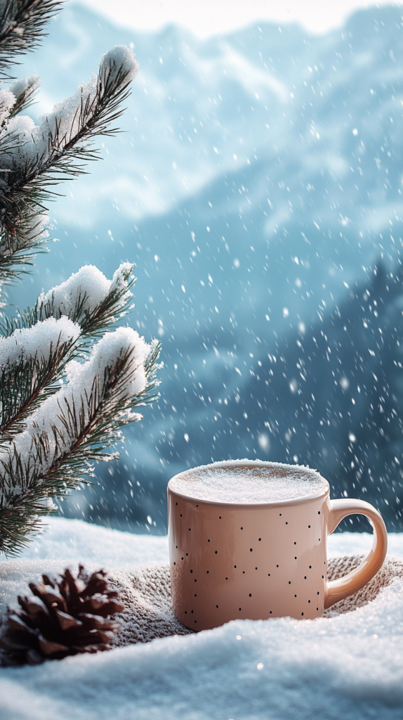 Prompt: Mock up of coffee mug placed on the snow, pine tree covered in snow next to it, and in the distant background are continuous snow-capped mountains. Light blue background, light snow falling, high quality strong lighting ---ar 9:16