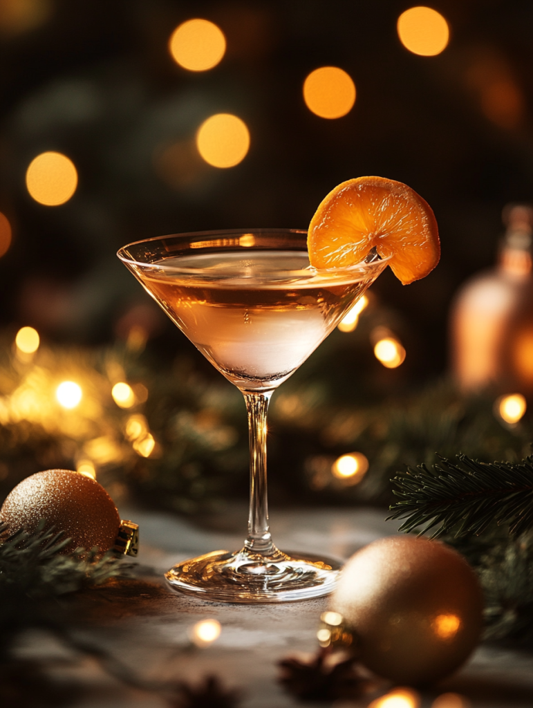 Prompt: Glass of luxurious cocktail, minimalist gold christmas composition, blurred christmas lights in background, advertisement photography --ar 3:4 --v 6.1