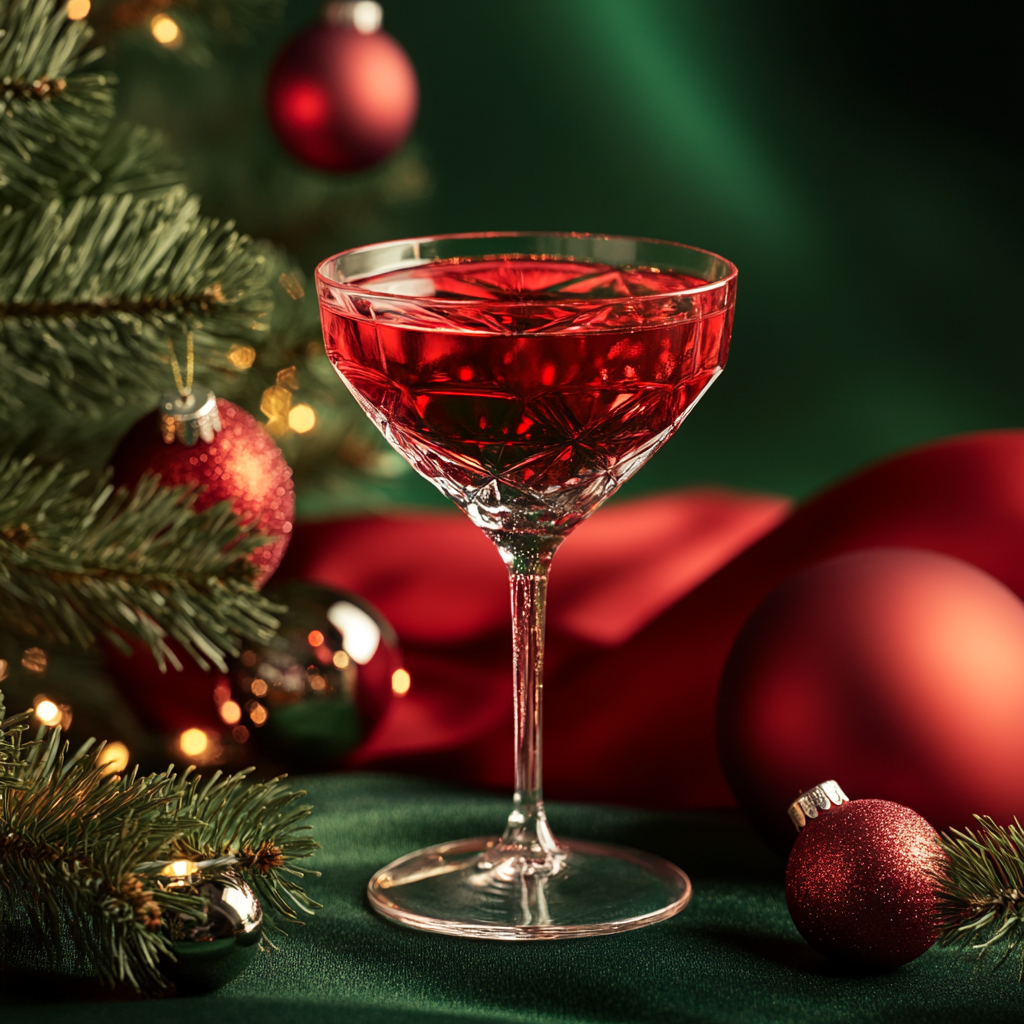 Prompt: Glass of luxurious cocktail, minimalist red and green christmas composition with christmas ornaments and pine tree, advertisement photography --v 6.1