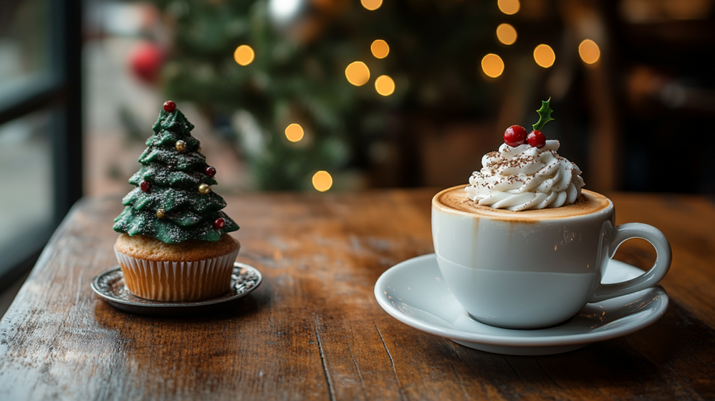 Prompt: Cup of coffee on the coffee table in coffee shop, next to it cupcake shaped like christmas tree, warm colours, daily light --ar 16:9 --style raw --v 6.1