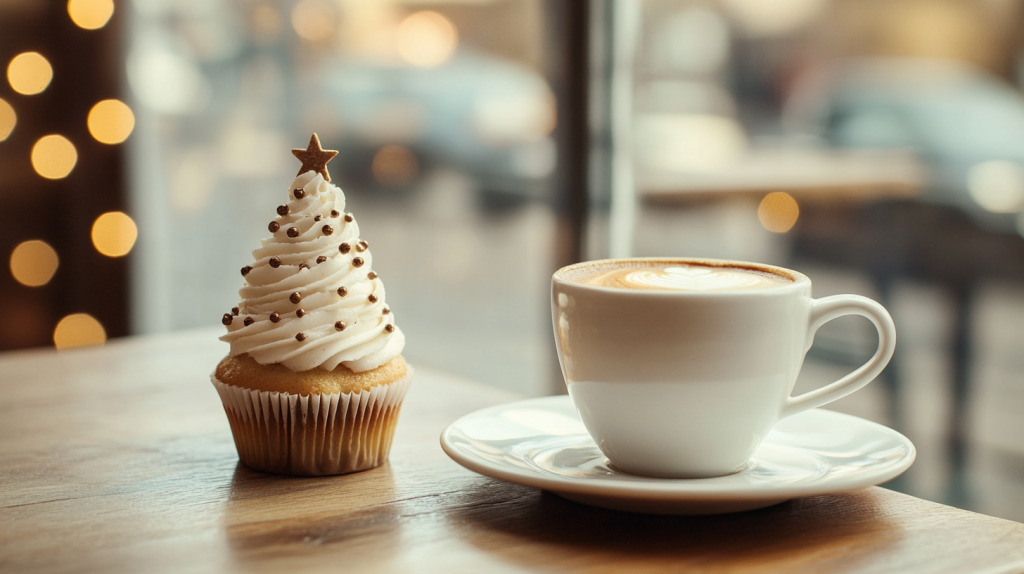 Prompt: Cup of coffee on the coffee table in coffee shop, next to it cupcake shaped like christmas tree, warm colours, daily light --ar 16:9 --style raw --v 6.1