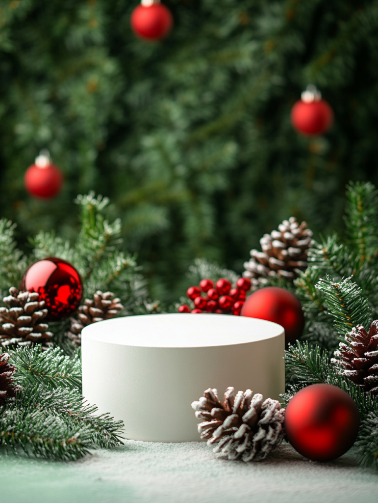 Prompt: Christmas podium with empty space for product, red ornaments, pine cones and lush green pine trees in the background, christmas podium photography --ar 3:4 --style raw