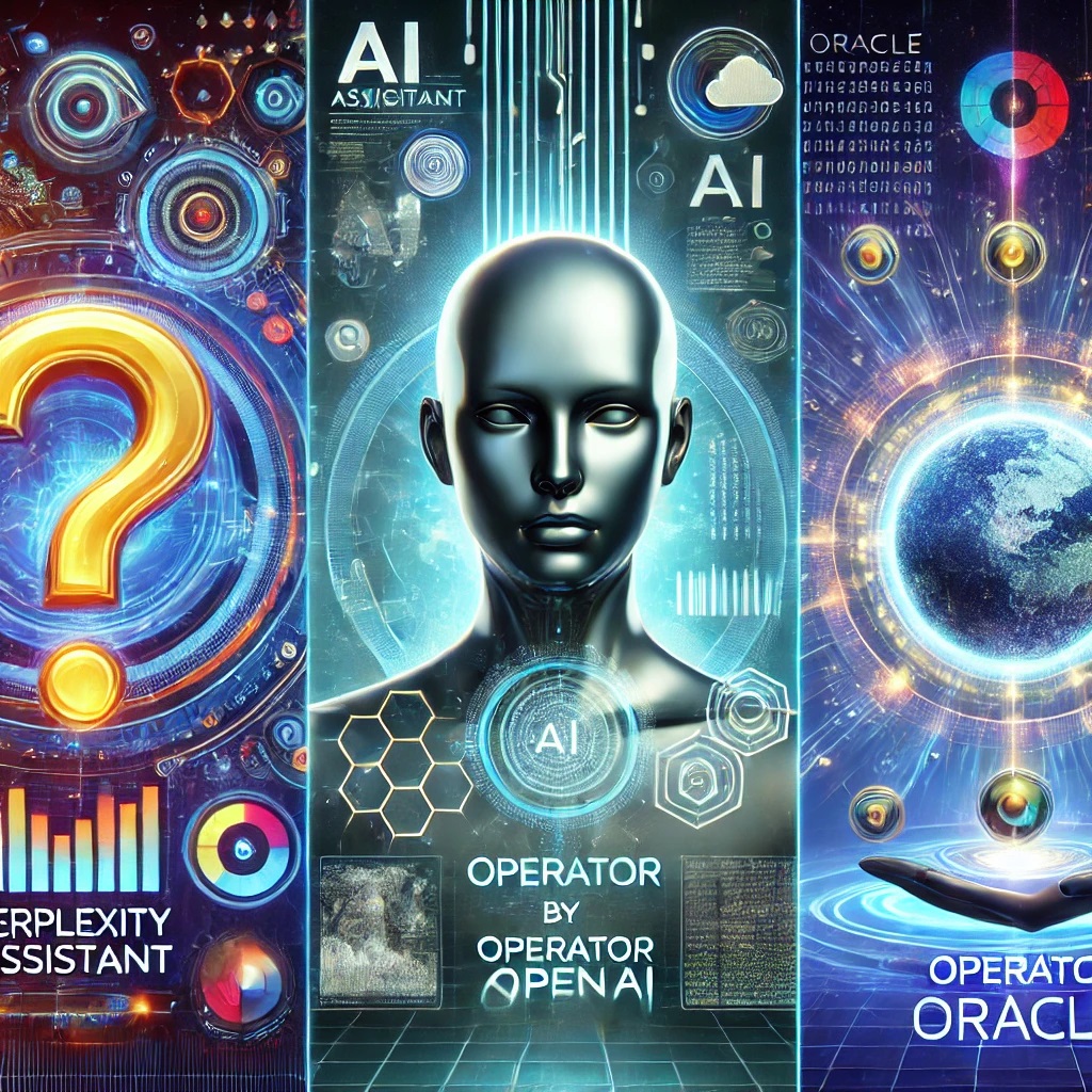 Prompt: Stwórz grafikę do słów: Perplexity Assistant, Operator od OpenAI, Oracle.